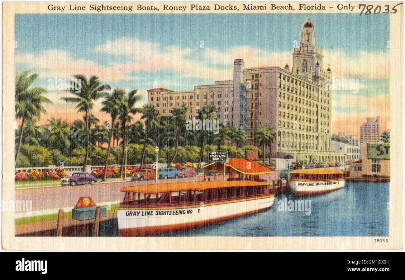 Gray Line Sightseeing Boote, Roney Plaza Docks, Miami Beach, Florida, Boote, Tichnor Brothers Collection, Postkarten der Vereinigten Staaten Stockfoto