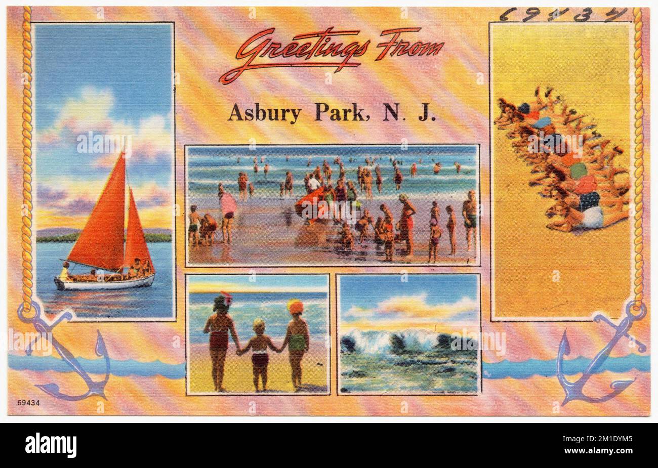 Grüße aus Asbury Park N. J. , Beaches, Boats, Tichnor Brothers Collection, Postkarten der Vereinigten Staaten Stockfoto