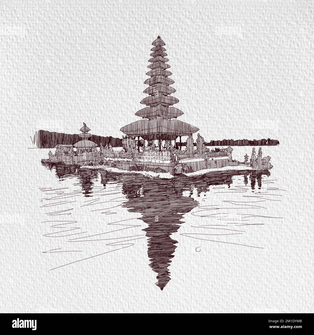 Hindu-Tempel auf der Landschaft des Bratan-Sees, eine der berühmten Touristenattraktionen in Bali, Indonesien, Bali, Indonesien. Realistische Illustrationen im Hintergrund berühmt Stockfoto