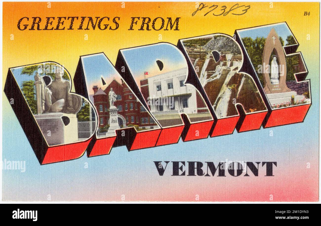 Grüße von Barre, Vermont, Tichnor Brothers Collection, Postkarten der Vereinigten Staaten Stockfoto