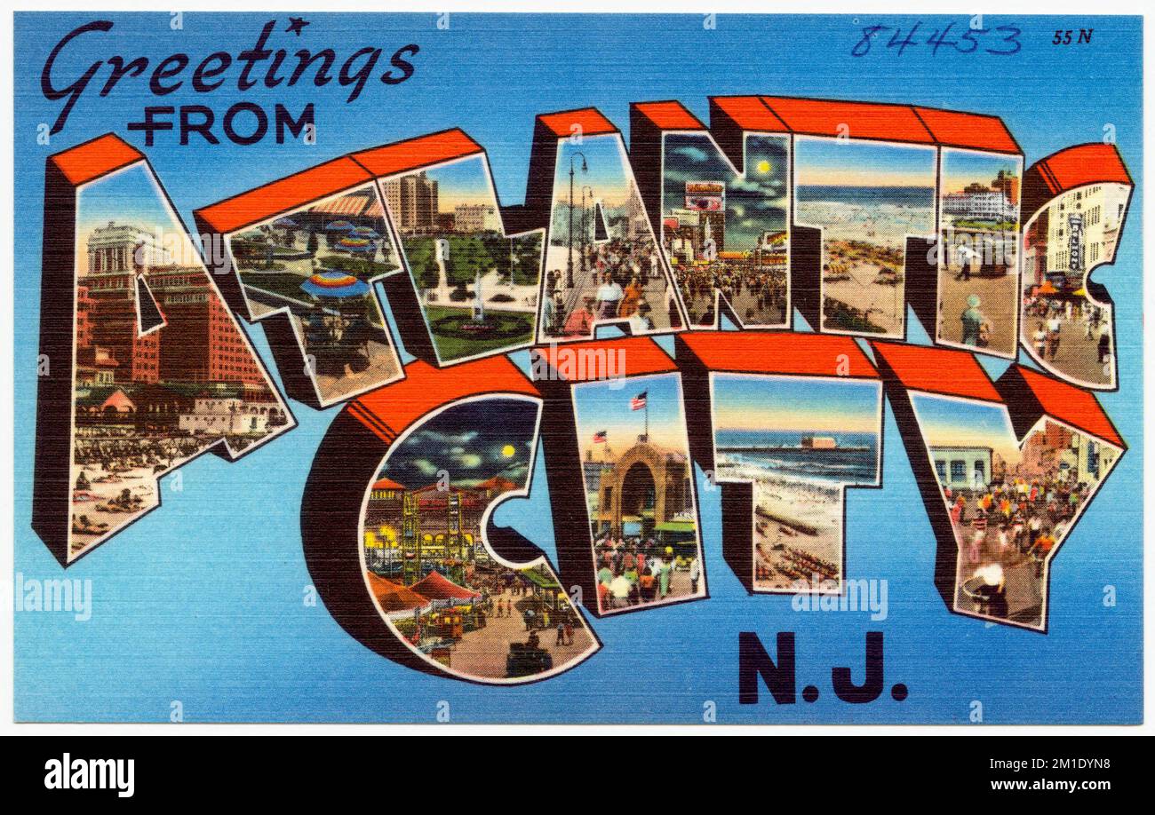 Grüße aus Atlantic City N. J. , Tichnor Brothers Collection, Postkarten der Vereinigten Staaten Stockfoto