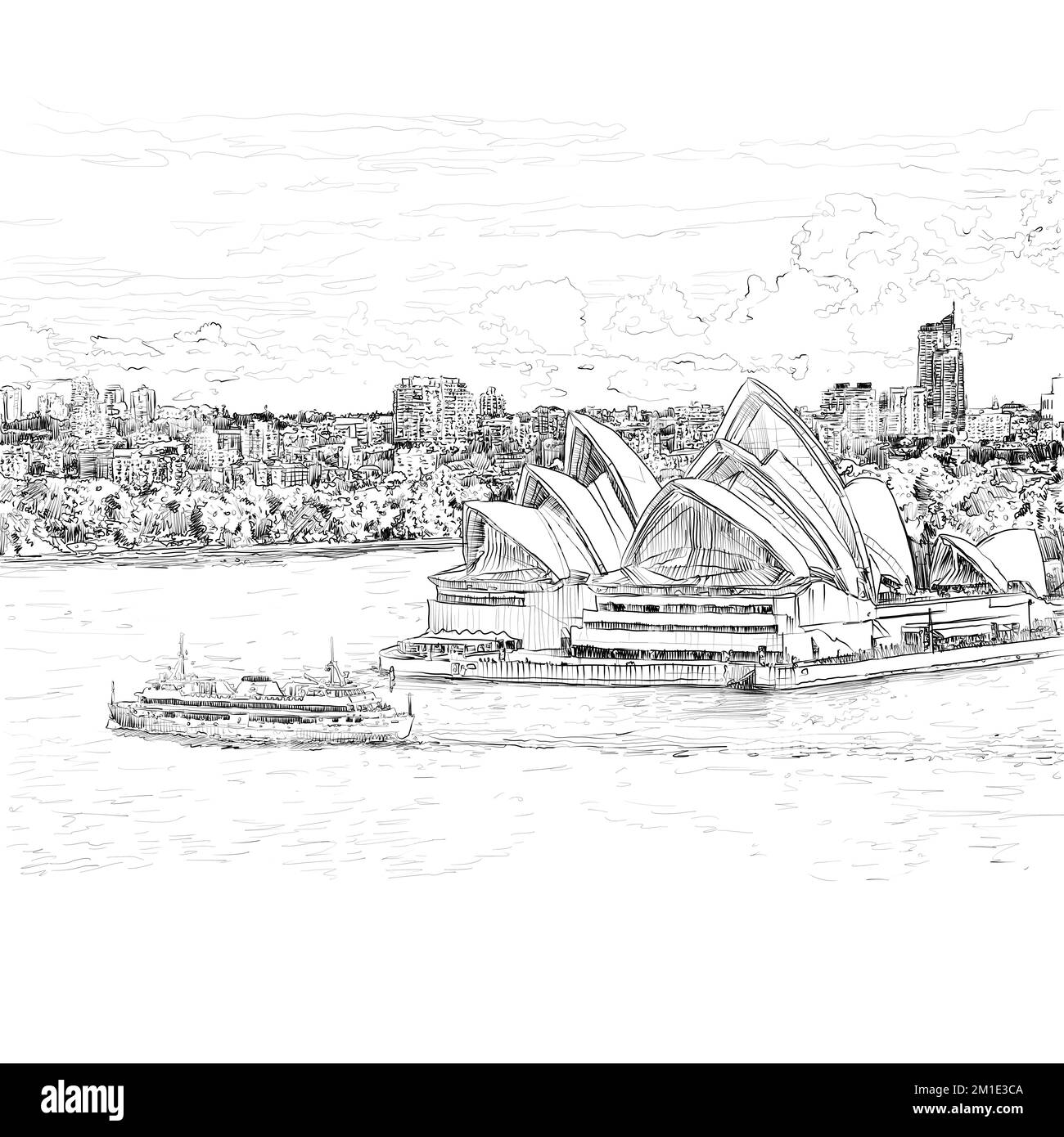 Fotografieren Sie die Skyline von Sydney, Australien. Circular Quay und Opernhaus. Touristische Punkte, Reisefoto, sonniger Tag die Skyline von Sydney Art Stockfoto