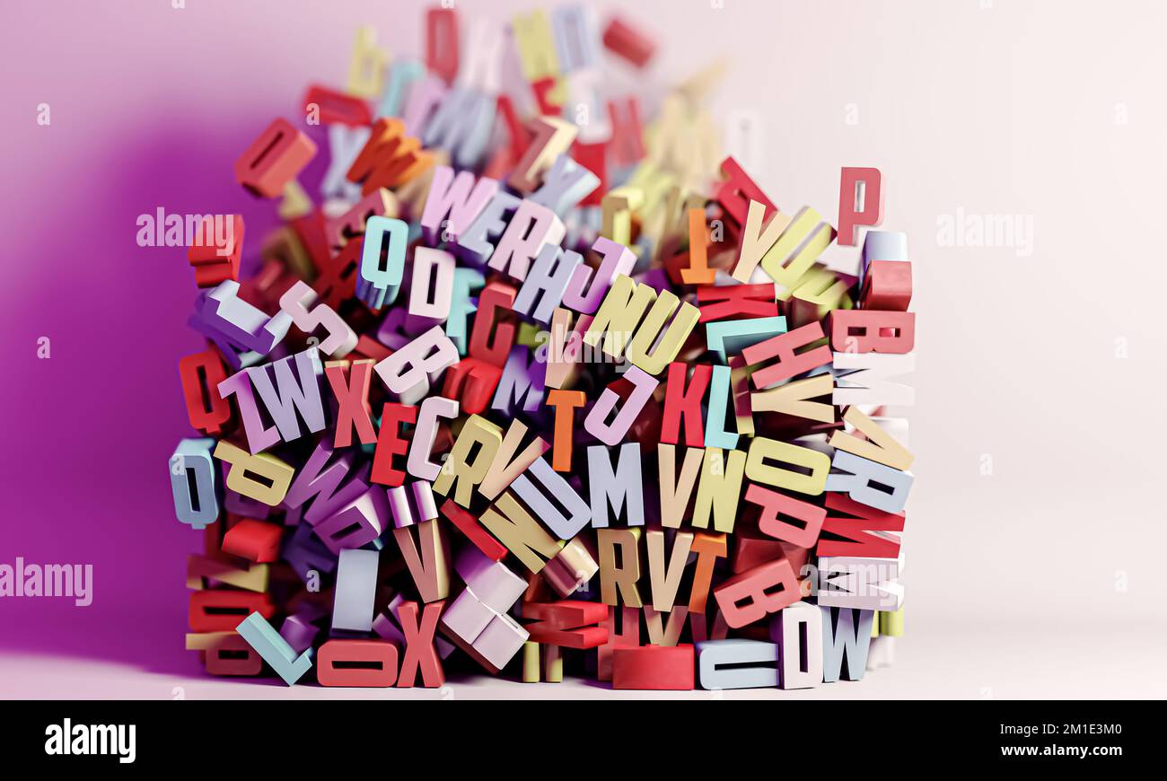 Fallende Buchstaben isoliert auf weißem Hintergrund 3d-Illustration Stockfoto
