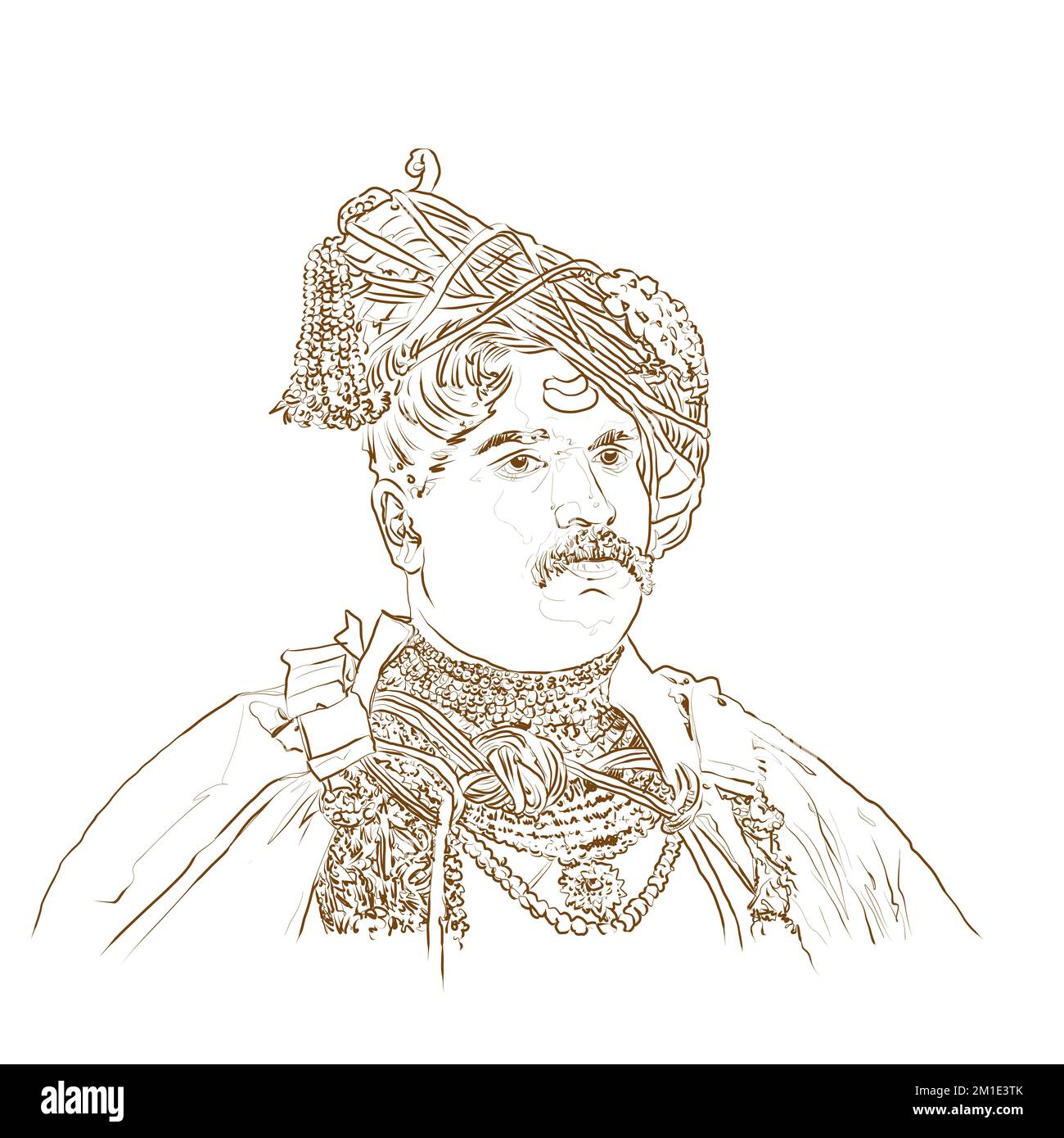 Kolhapur, Maharashtra Indien Statue des großen indischen Maratha-Königs Rajshri Shri Shahu Maharaj Bild im Neuen Palast Museumspalast im Hintergrund aufgenommen. Stockfoto