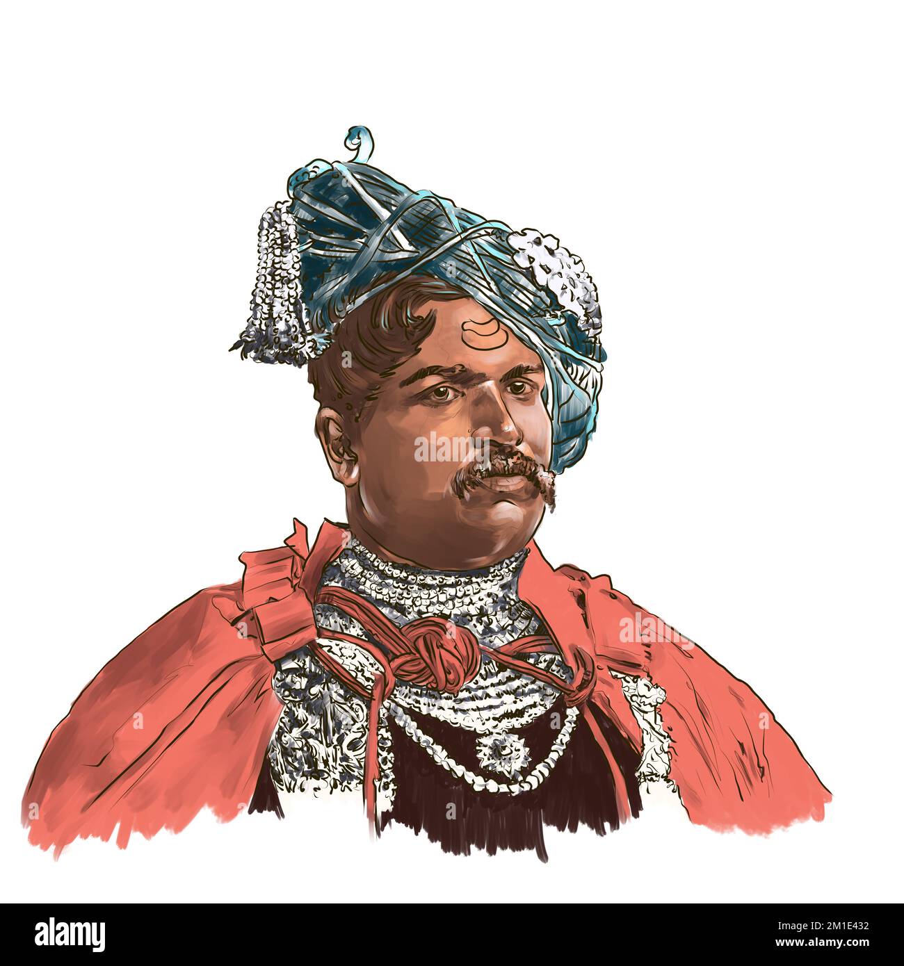 Kolhapur, Maharashtra Indien Statue des großen indischen Maratha-Königs Rajshri Shri Shahu Maharaj Bild im Neuen Palast Museumspalast im Hintergrund aufgenommen. Stockfoto