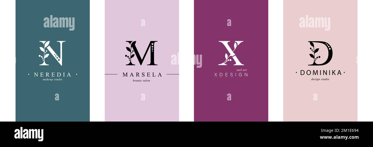 Sammlung von Botanical Minimalistic, Initial, Letter N, M, X, D. Logo oder MPonogramm für Visitenkarte Stock Vektor