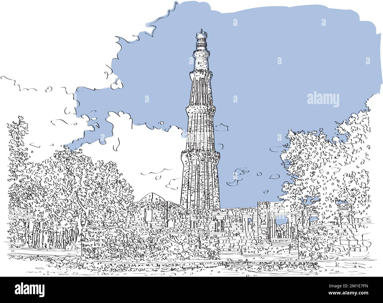 Qutub Minar Mehrauli Delhi Indien Skizzenzeichnung, Qutub Minar, Delhi. Indischer berühmtester Anblick. Architektonisches Gebäude. Berühmte Touristenattraktionen Stockfoto