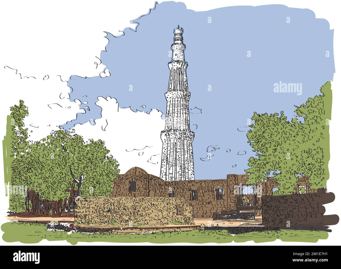 Qutub Minar Mehrauli Delhi Indien Skizzierung Qutub Minar, Delhi. Indischer berühmtester Anblick. Architektonisches Gebäude. Berühmte Touristenattraktionen. Stockfoto