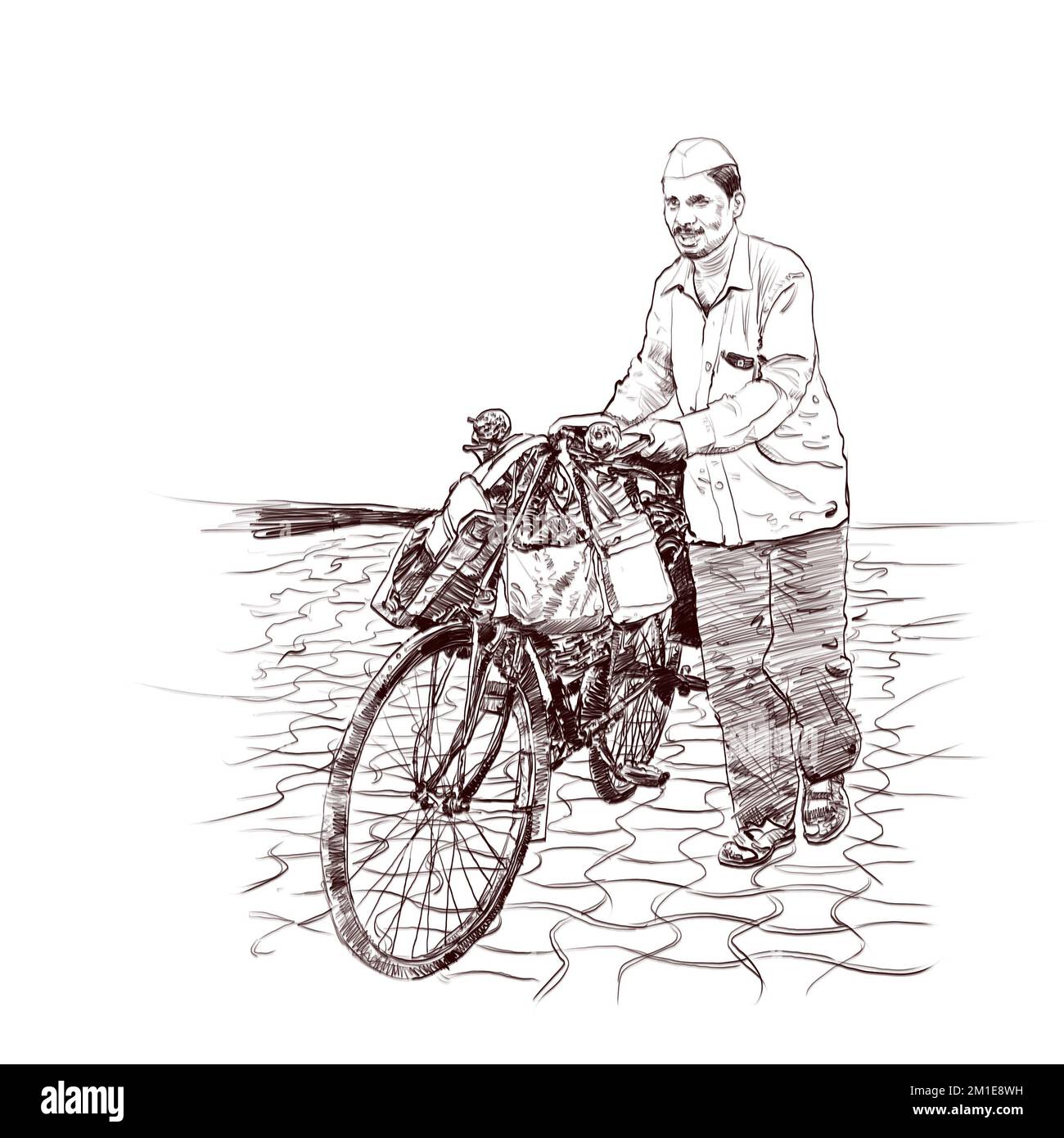 Dabbawala Service in Mumbai. Dabbawala mit Fahrradillustrierung, der berühmte Dabbawala Lunchbox Service im Bahnhof Churchgate; Mumbai, indische Kunst Stockfoto