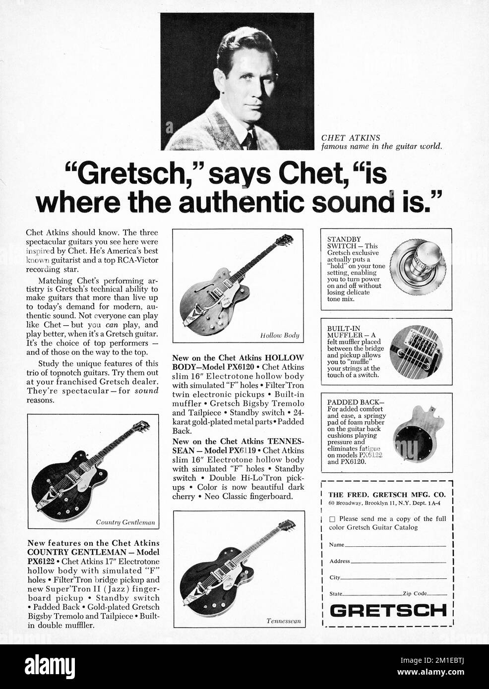 Eine Gretsch-Gitarrenwerbung aus einem Musikmagazin aus dem Jahr 1966 mit Unterstützung des Country-Musikstars Chet Atkins. Stockfoto