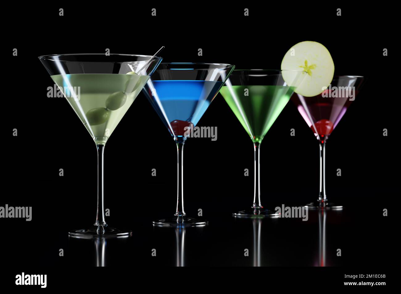 Verschiedene Cocktails in martini-Glas Stockfoto