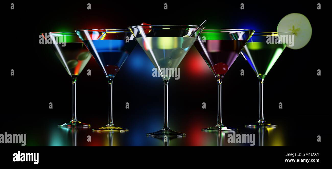 Farbenfrohe Cocktails in martini-Gläsern am Nachtclub-Schalter. Stockfoto