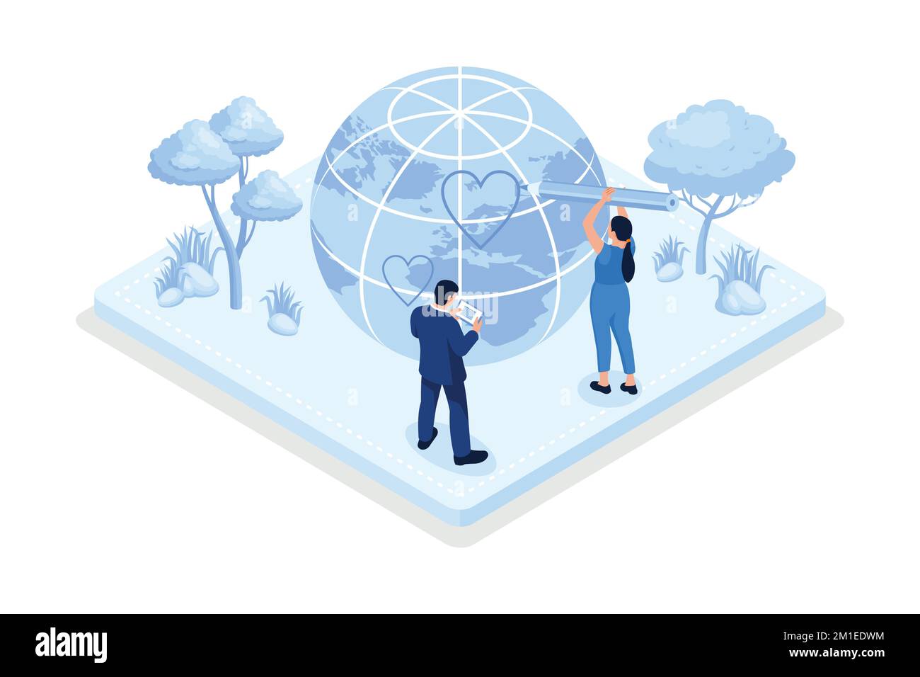 Nachhaltigkeit, Menschen, die versuchen, den Planeten Erde mit umweltfreundlichen Technologien zu retten, isometrische Vektoren, moderne Illustration Stock Vektor