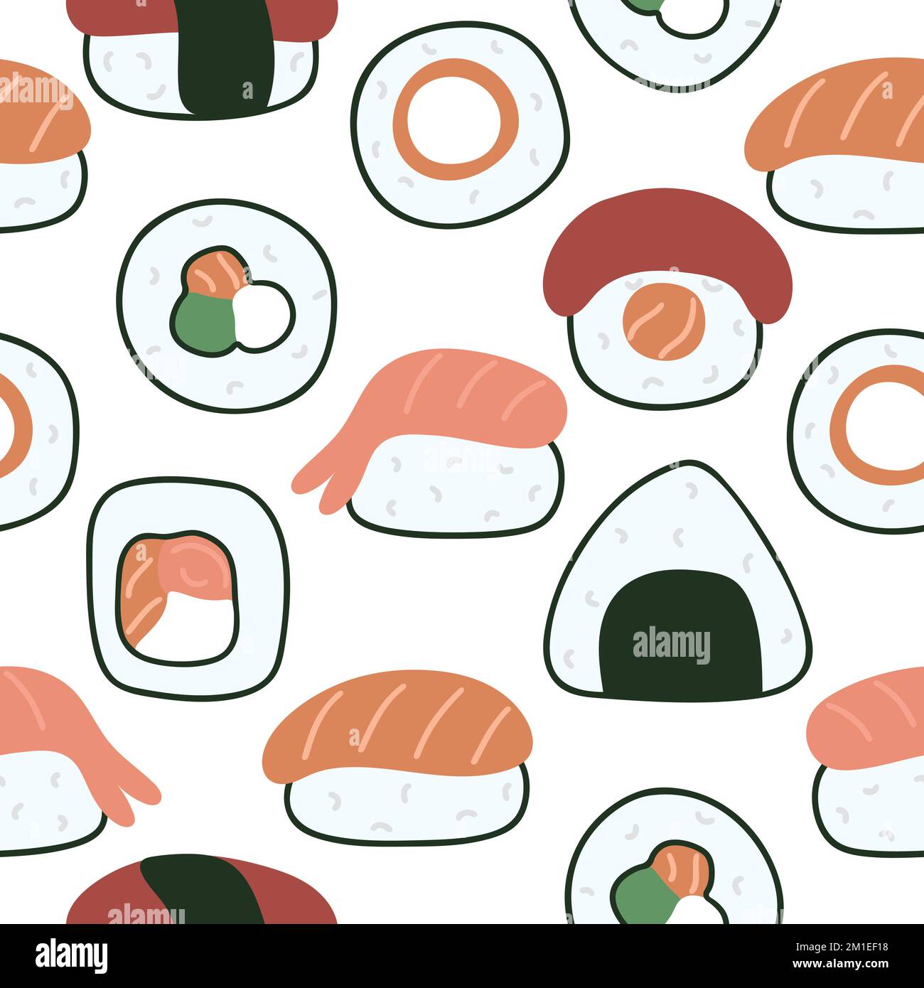 Sushi- und Sashimi-Hintergrund. Asiatische Gerichte mit nahtlosem Muster. Traditionelles japanisches Gericht. Drucken Sie Lebensmittel für Verpackungsdesign, Papier, Textilvektor Stock Vektor