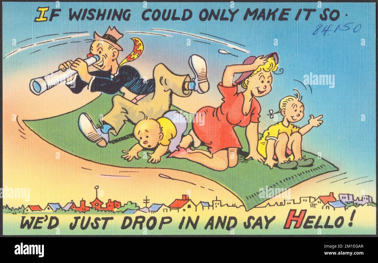 Wenn der Wunsch es nur schaffen würde, würden wir einfach vorbeischauen und Hallo sagen! , Magische Geräte, Teppiche, Kinder, Tichnor Brothers Kollektion, Postkarten der Vereinigten Staaten Stockfoto