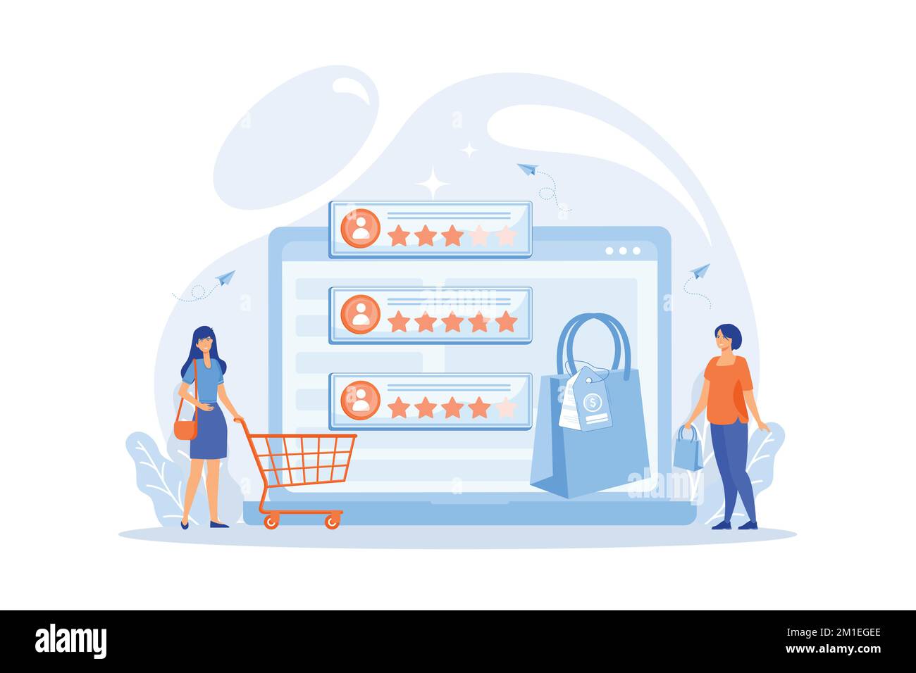 Winzige Kunden bewerten online mit einem Reputationssystem-Programm. System für die Reputation von Verkäufern, Produkt mit der höchsten Bewertung, Konzept für die Rate an Kundenbewertungen, flach Stock Vektor