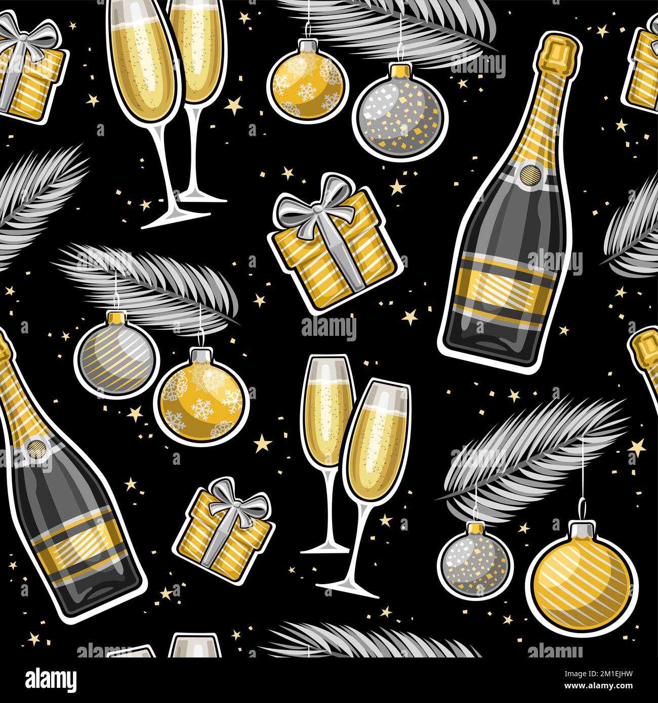 Vektor Neujahr nahtloses Muster, wiederhole den Hintergrund mit einer Illustration silberner hängender Kugeln auf Tannenzweigen, zwei Weingläser, Cartoon-Geschenkboxen, d Stock Vektor