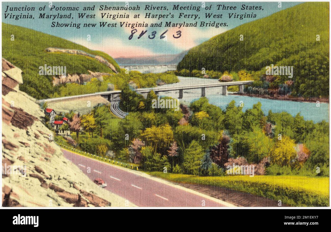 Kreuzung der Potomac River und Shenandoah River, treffen drei Staaten, Virginia, Maryland, West Virginia und Maryland Bridge. , Flüsse, Brücken, Tichnor Brothers Collection, Postkarten der Vereinigten Staaten Stockfoto