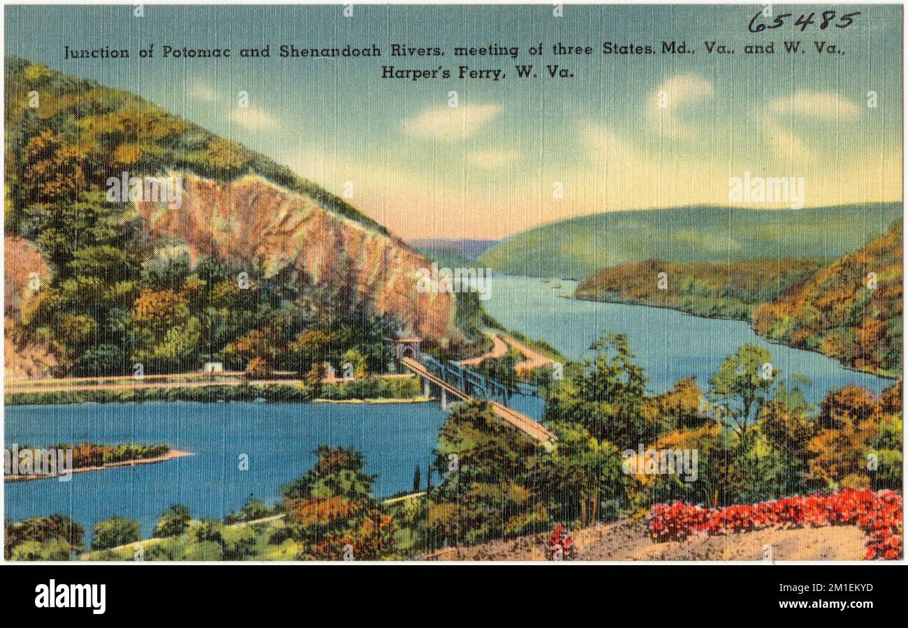 Kreuzung von Potomac River und Shenandoah River, Treffen von drei Staaten, Md., VA, und W. VA, Harper's Ferry, W. Va. , Rivers, Tichnor Brothers Collection, Postkarten der Vereinigten Staaten Stockfoto