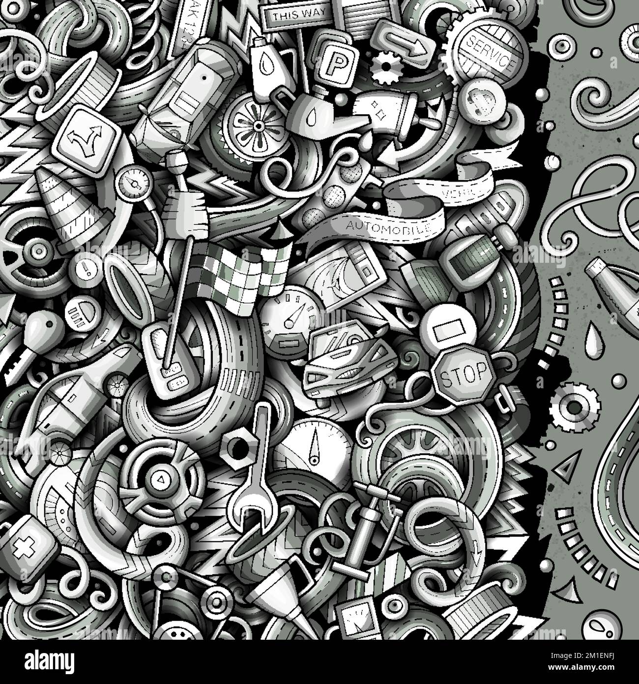 Cartoon niedliche Kritzeleien Fahrzeug Rahmenkarte. Einfarbig mit vielen Objekten im Hintergrund. Mit Fahrzeugsymbolen und -Gegenständen umranden Stock Vektor
