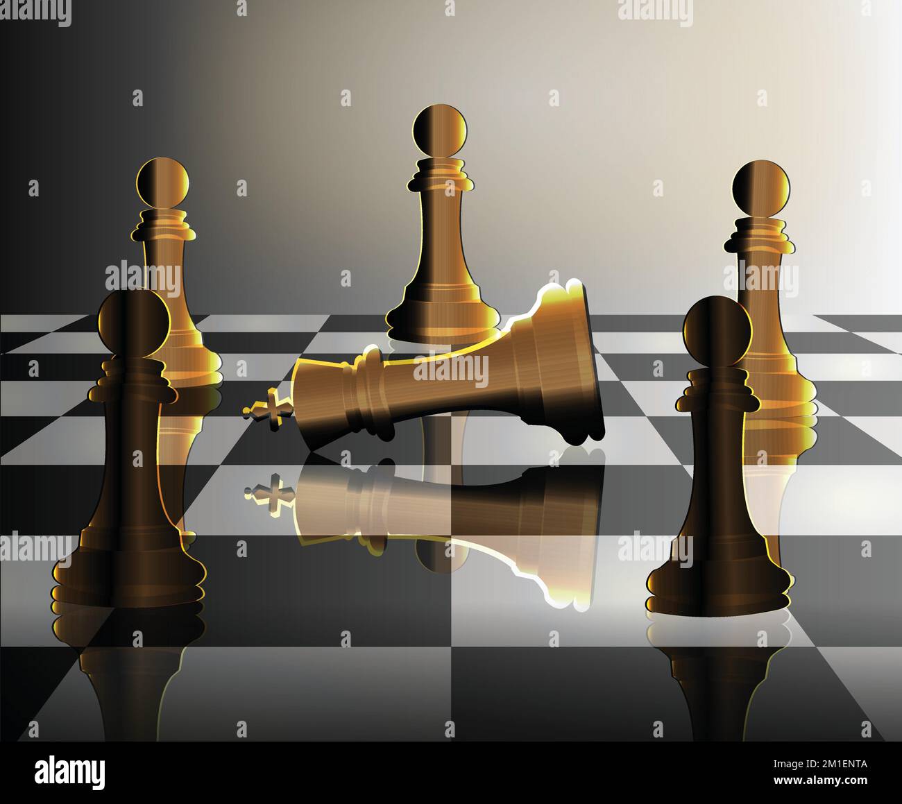 Gefallener König umgeben von Schachpfandkunst. Konzept eines Staatsstreichs mit Schachstücken Stock Vektor