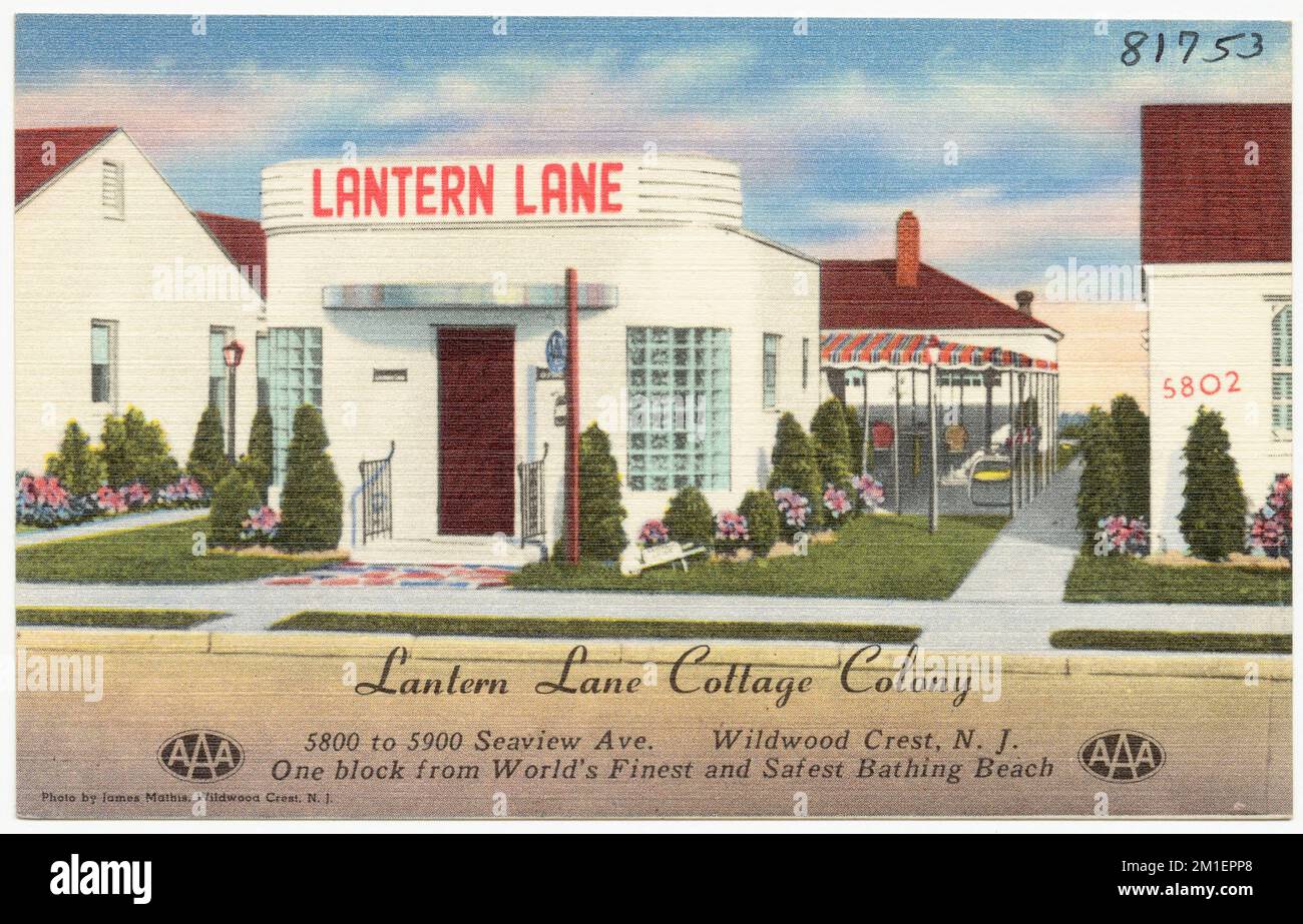 Laterne Lane Cottage Colony, 5800 bis 5900 Seaview Ave., Wildwood Crest, N. J. , Hütten, Tichnor Brothers Collection, Postkarten der Vereinigten Staaten Stockfoto