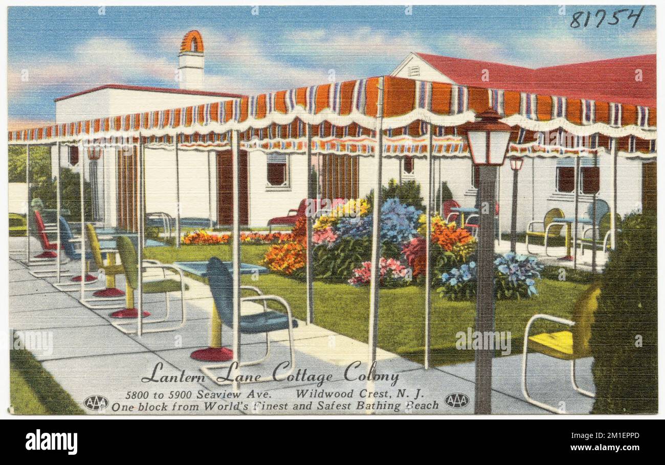 Laterne Lane Cottage Colony, 5800 bis 5900 Seaview Ave., Wildwood Crest, N. J. , Hütten, Tichnor Brothers Collection, Postkarten der Vereinigten Staaten Stockfoto