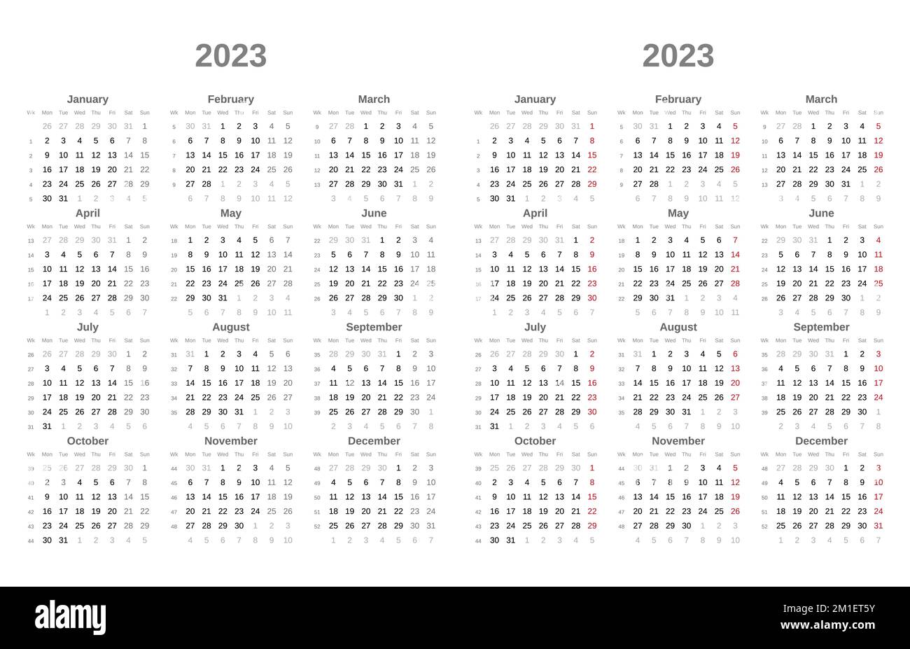 Einfacher Schwarzweißkalender Für 2023. Die Woche Beginnt Am Montag. Sonntag In Rot. 2023 Kalendervorlage Stock Vektor