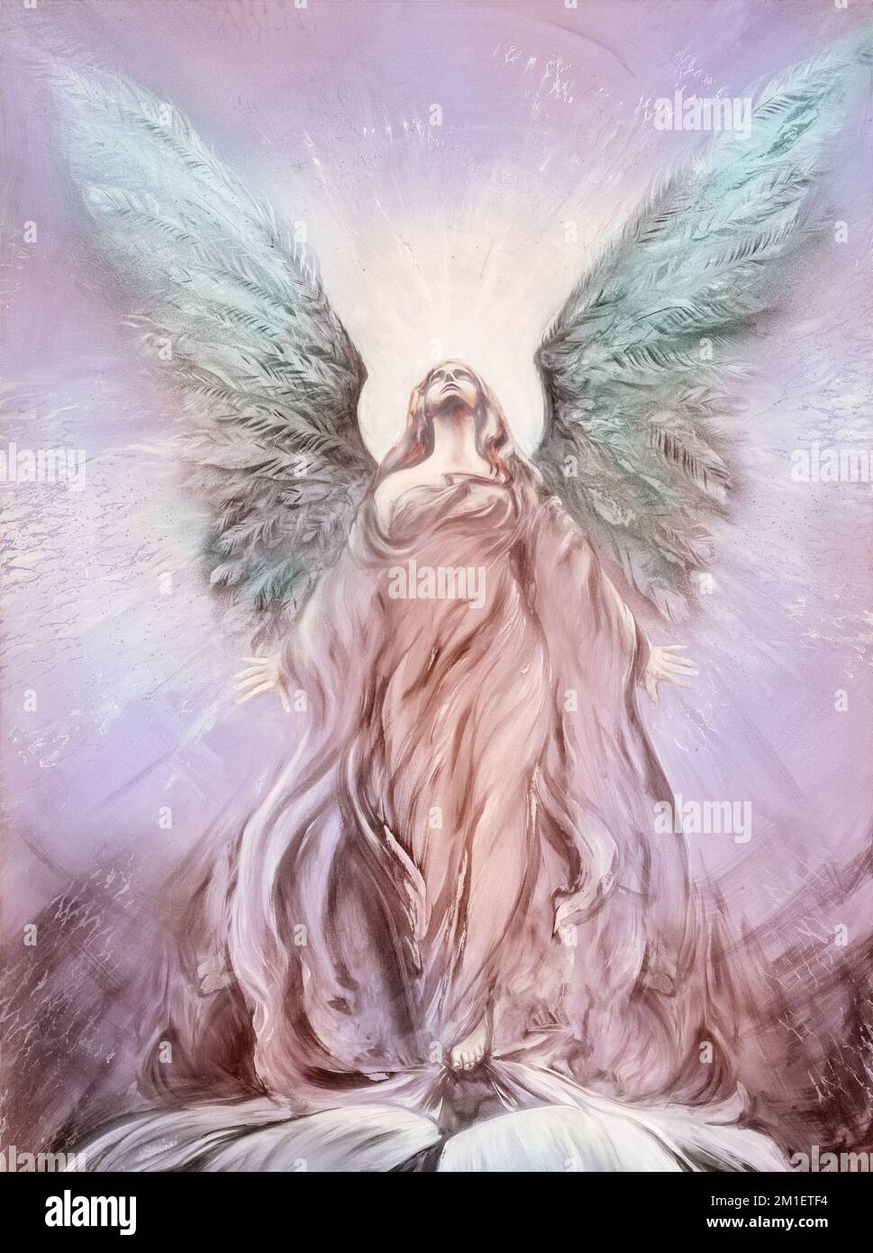 heiliger Glanz Traum Schutzengel der Liebe mit Federflügeln im spirituellen Licht Stockfoto