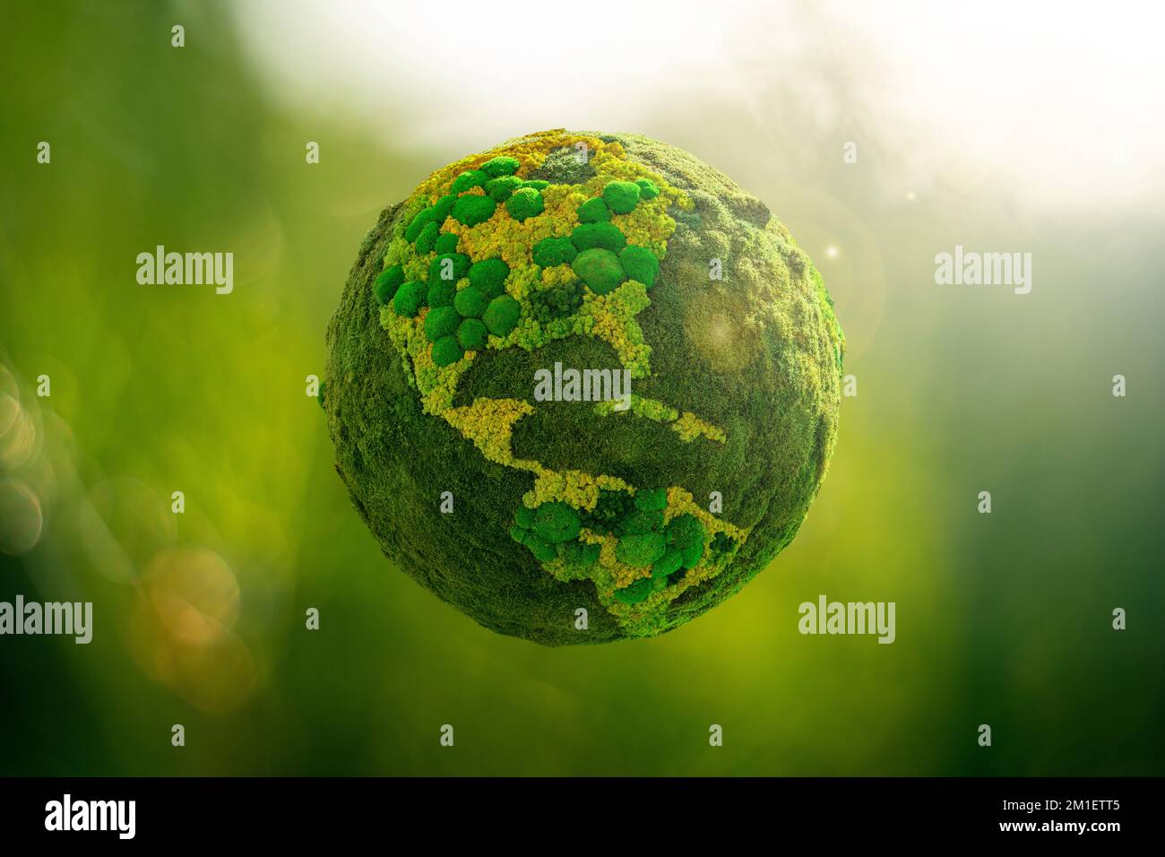 Grüner Planet Erde aus natürlichem Moos. Symbol für nachhaltige Entwicklung und erneuerbare Energien Stockfoto