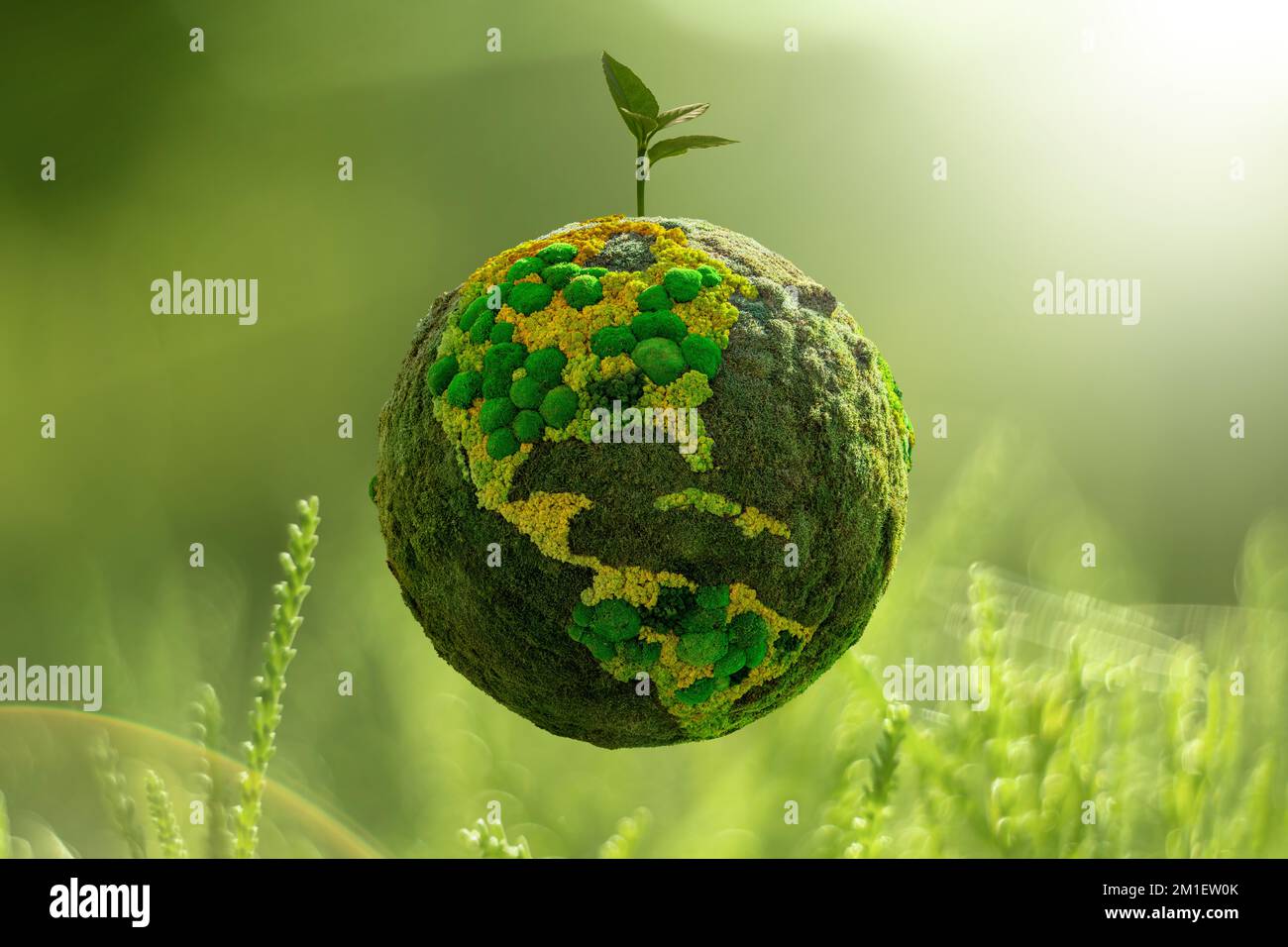 Grüner Planet Erde aus natürlichem Moos mit Pflanzen. Symbol für nachhaltige Entwicklung und erneuerbare Energien Stockfoto