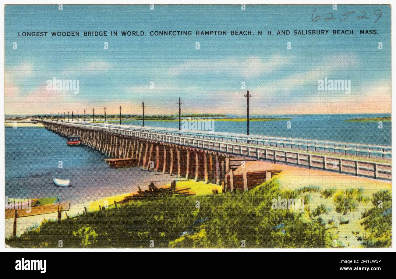 Längste Holzbrücke der Welt, die Hampton Beach, N.H. und Salisbury Beach, Massachusetts verbindet. , Bridges, Tichnor Brothers Collection, Postkarten der Vereinigten Staaten Stockfoto