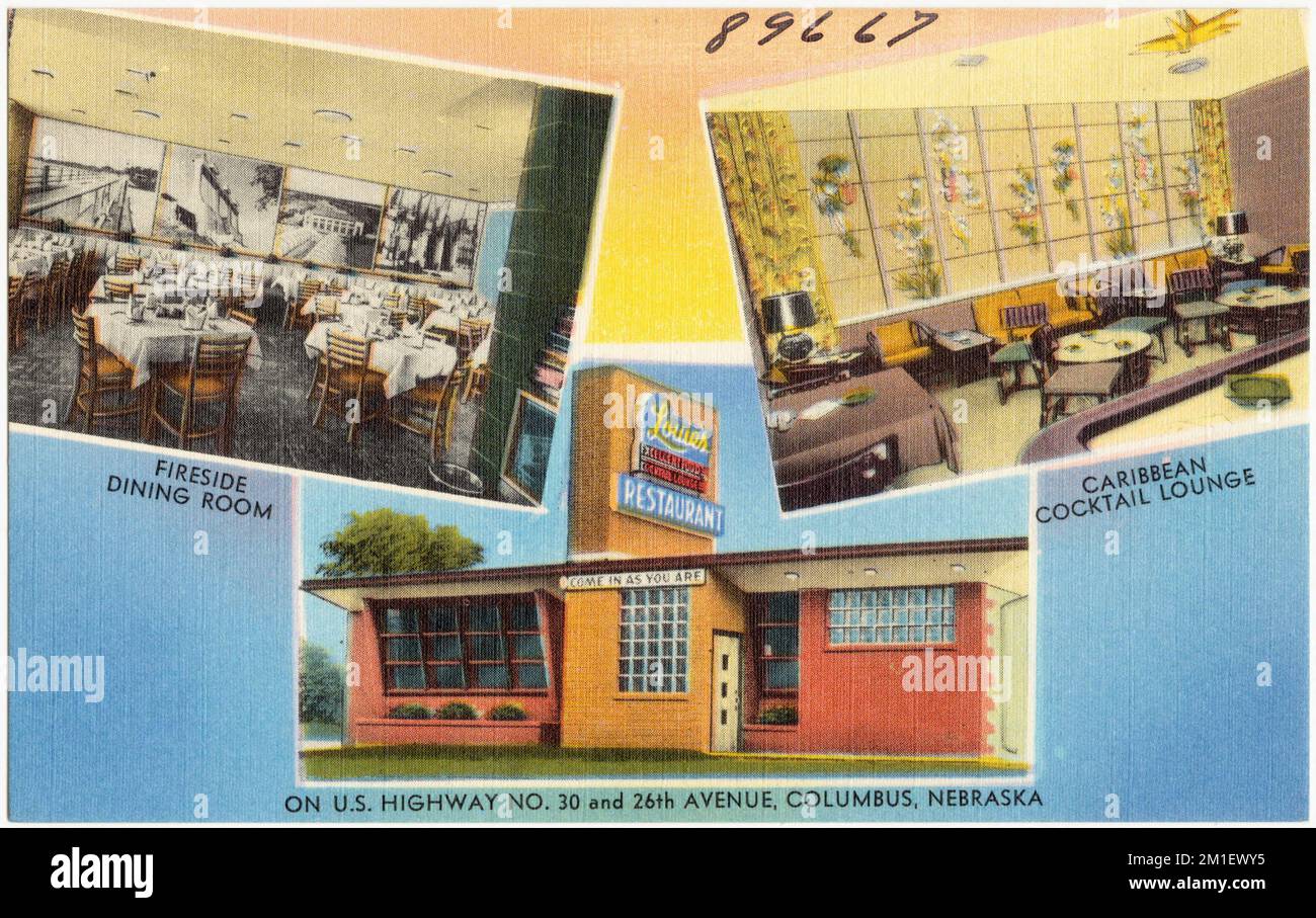 Louie's' Restaurant, Speisesaal mit Kamin, karibische Cocktailbar, auf der U.S. Highway No. 30 und 26. Avenue, Columbus, Nebraska , Restaurants, Tichnor Brothers Collection, Postkarten der Vereinigten Staaten Stockfoto