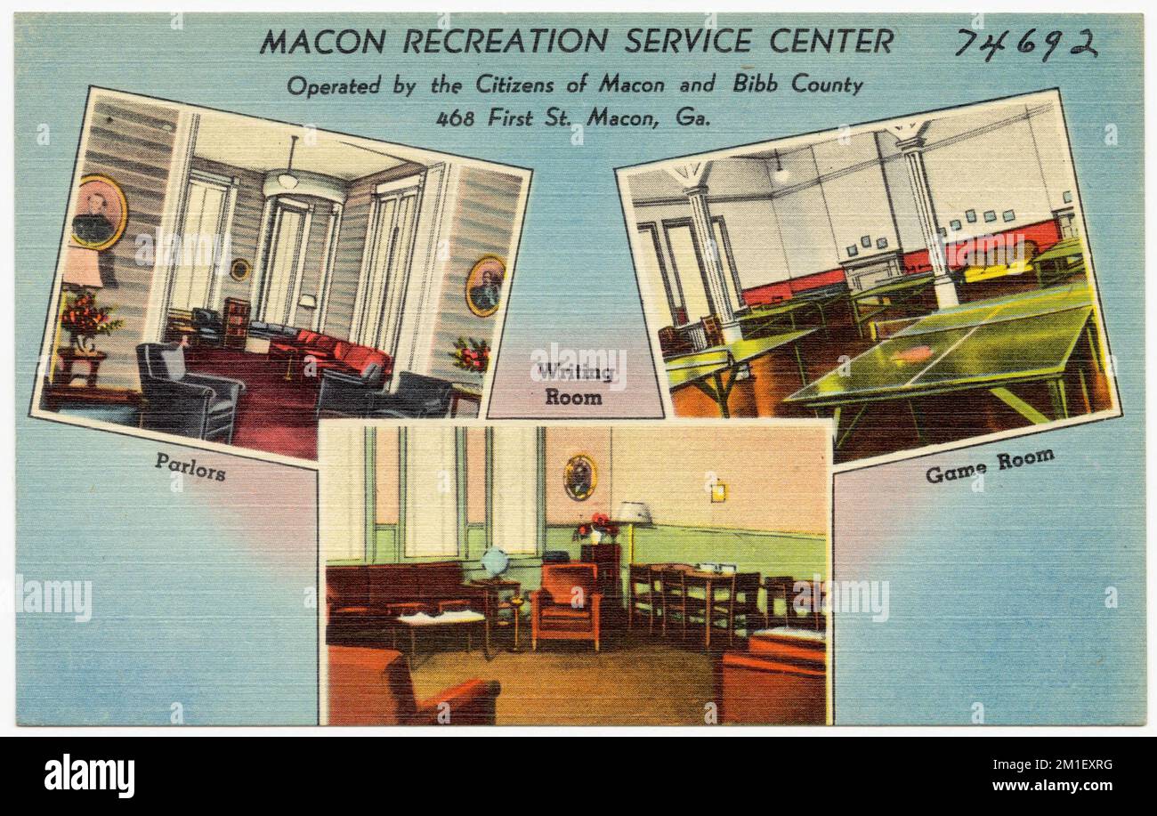 Macon Recreation Service Center, betrieben von den Bürgern von Macon und BIBB County, 468 First St., Macon, Ga -- Salons, Schreibzimmer, Spielzimmer, Sport- und Erholungseinrichtungen, Tichnor Brothers Collection, Postkarten der Vereinigten Staaten Stockfoto Macon Recreation Service Center, betrieben von den Bürgern von Macon und BIBB County, 468 First St., Macon, Ga -- Salons, Schreibzimmer, Spielzimmer, Sport- und Erholungseinrichtungen, Tichnor Brothers Collection, Postkarten der Vereinigten Staaten Stockfoto