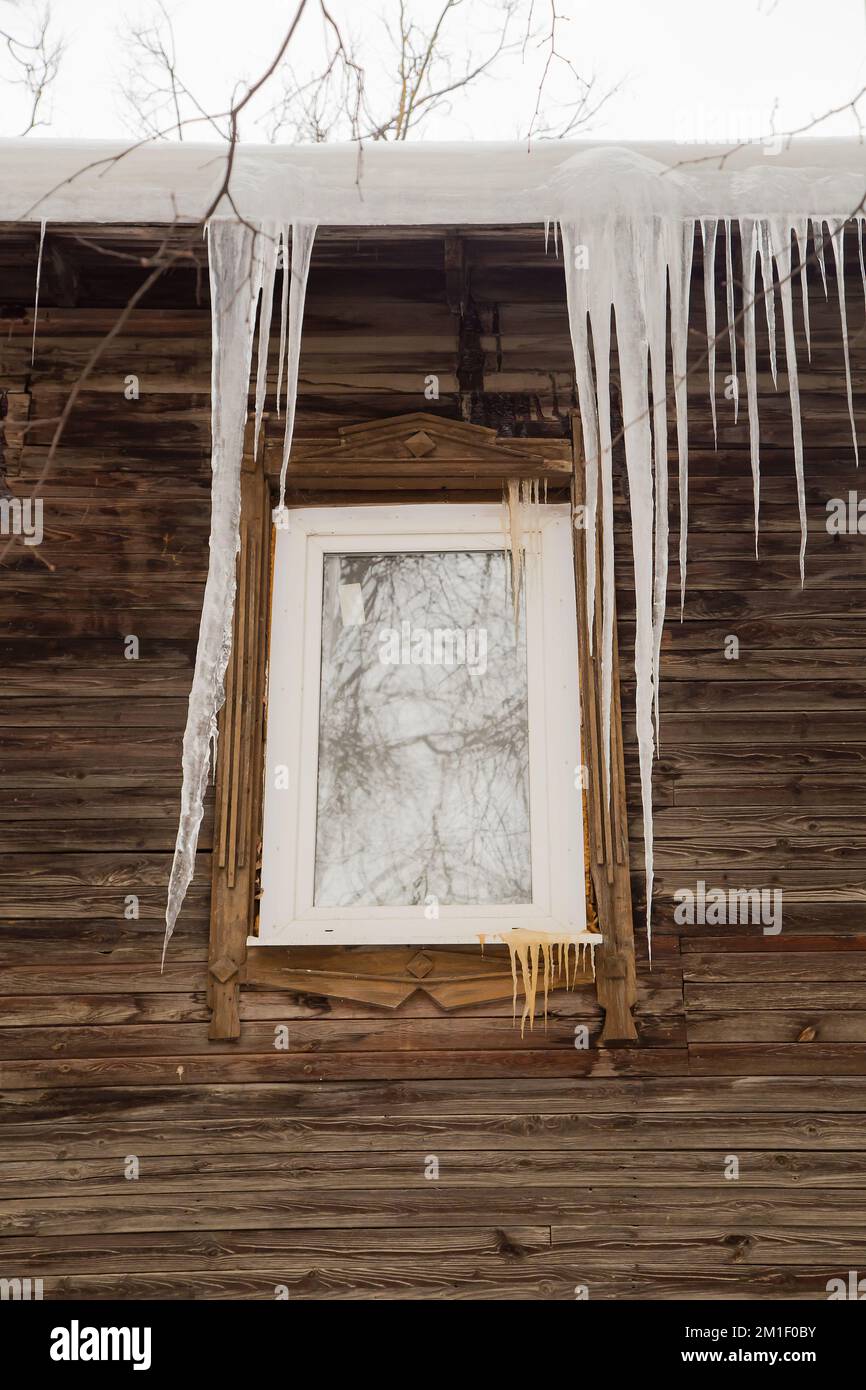 Lange, gefährliche Eiszapfen hängen an der Dachkante, im Winter oder Frühling. Holzwand eines alten Holzhauses mit Fenstern. Große Eiszapfen in glatten, schönen Reihen. Bewölkter Wintertag, weiches Licht Stockfoto