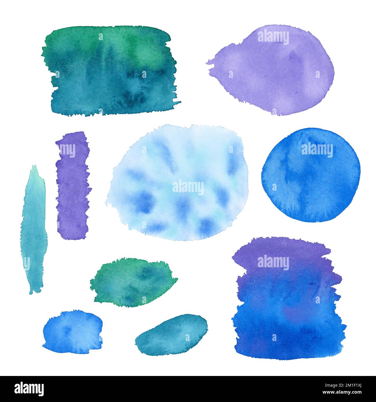 Aquarell bunte Blots Set. Blaue und lila Aquarellflecken Stockfoto