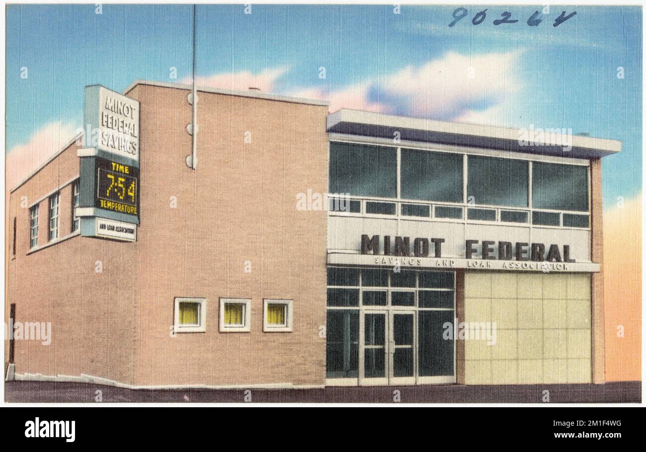 Minot Federal Savings and Loan Association, Commercial Facilities, Tichnor Brothers Collection, Postkarten der Vereinigten Staaten Stockfoto