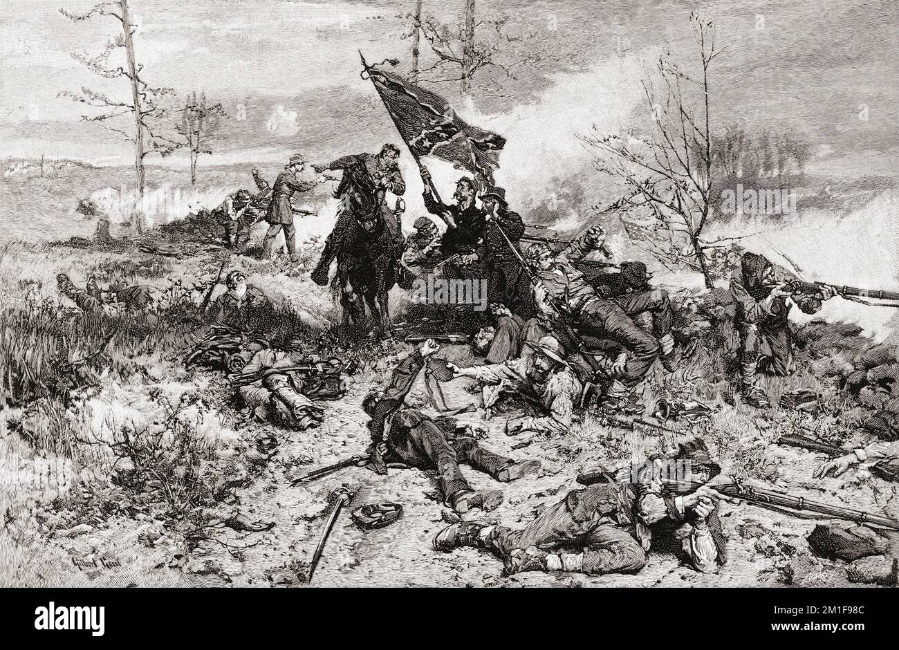 Konföderierte Truppen unter Druck während einer Schlacht während des Amerikanischen Bürgerkriegs. Nach dem Gemälde aus dem 19.. Jahrhundert von Gilbert Gallier, auf der konföderierten Kampflinie - mit dem Schicksal gegen sie. Stockfoto