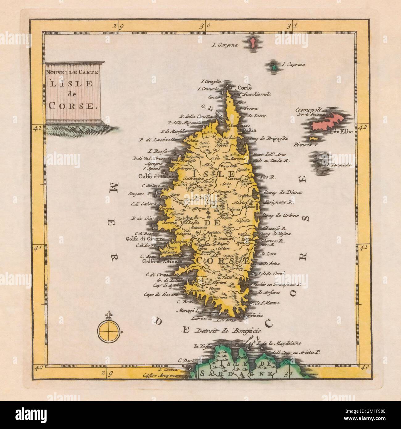 Karte von Korsika, Frankreich von 1735. Von einem unbekannten Kartografen. Stockfoto