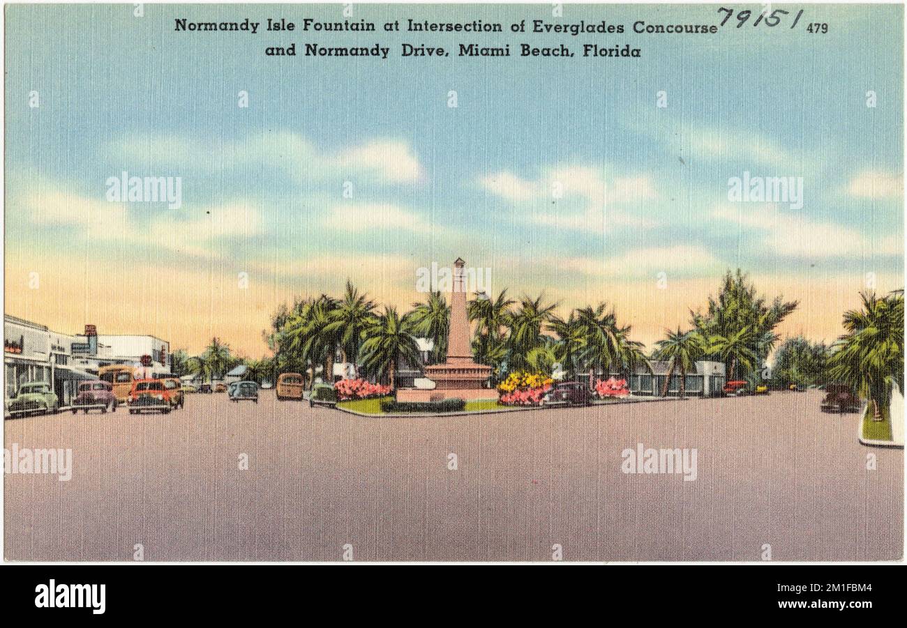 Normandy Isle Fountain an der Kreuzung Everglades Concourse und Normandy Drive, Miami Beach, Florida , Monuments & Memorials, Tichnor Brothers Collection, Postkarten der Vereinigten Staaten Stockfoto