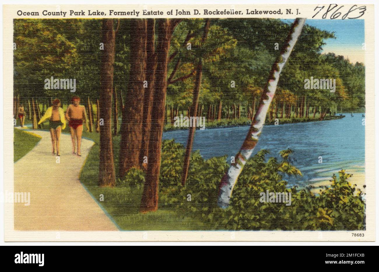 Ocean County Park Lake, ehemals Anwesen von John D. Rockefeller, Lakewood, N. J. , Parks, Lakes & Ponds, Tichnor Brothers Collection, Postkarten der Vereinigten Staaten Stockfoto