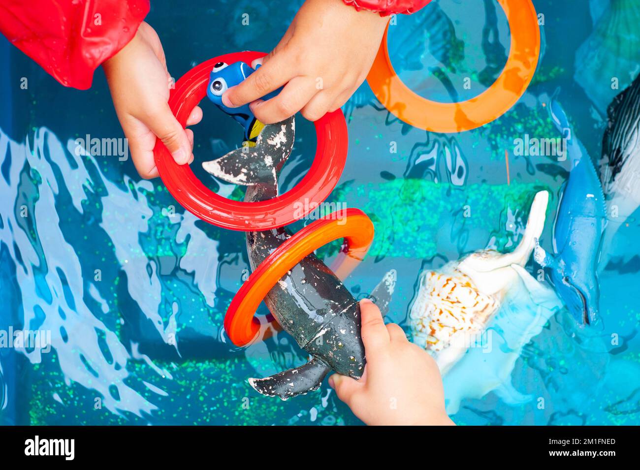 Kleine Schulkinder, die im Wasser mit Fisch und Walspielzeug spielen und nur Hände zeigen Stockfoto