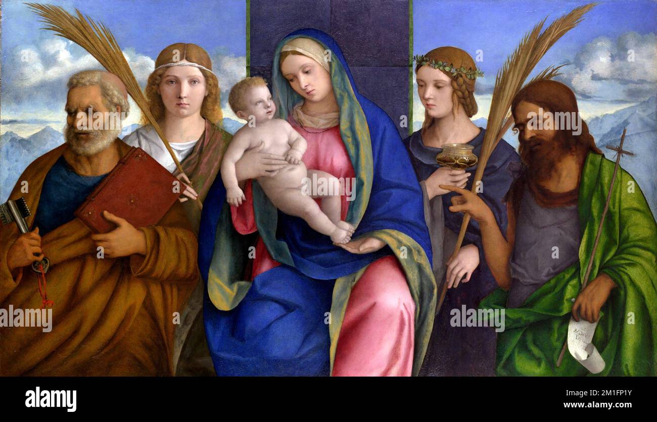 Madonna und Kind mit Heiligen von Giovanni Bellini (c.1435-1516), Tempera und Öl auf Holz Stockfoto