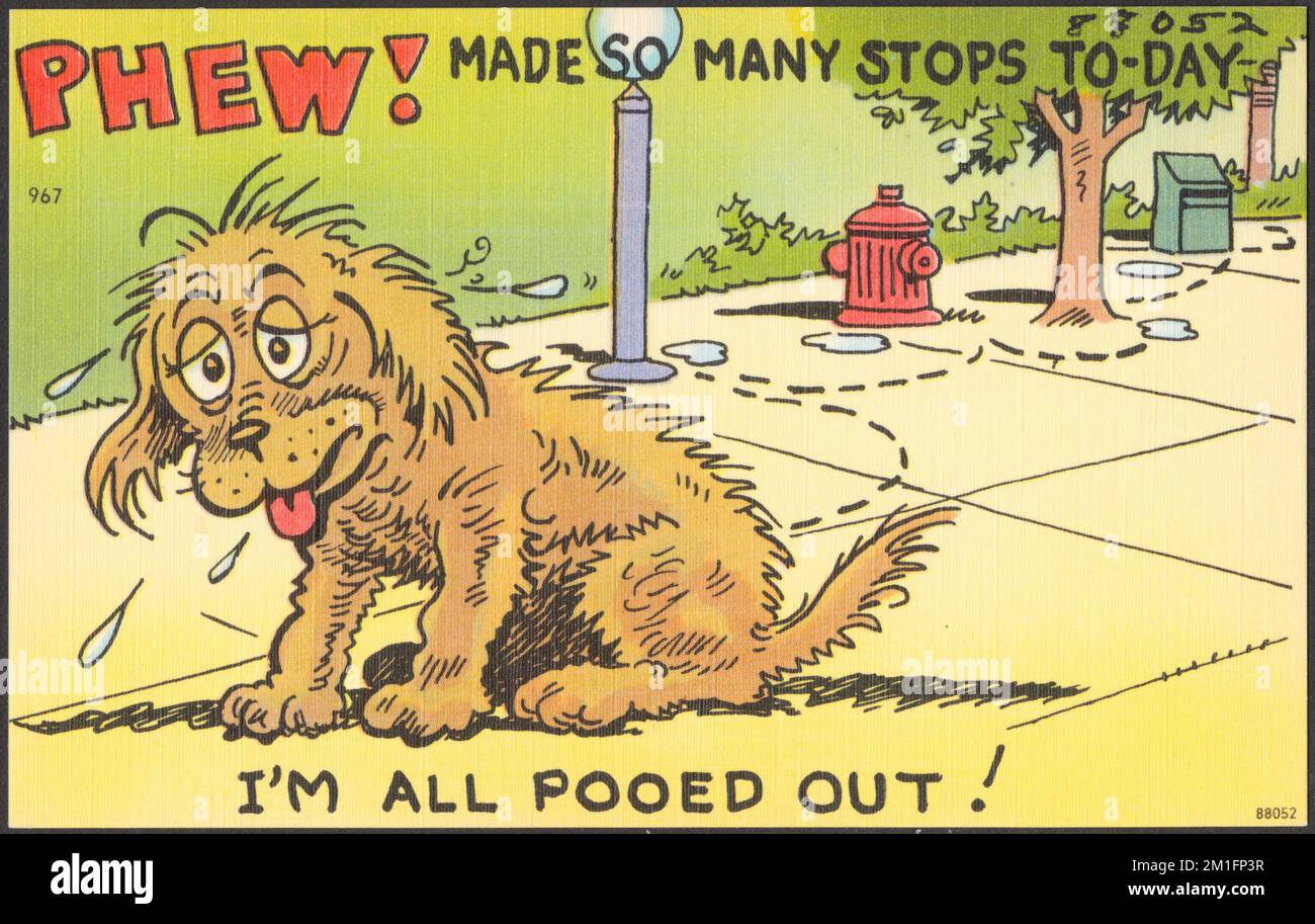 Puh! Ich habe so viele Stopps gemacht, ich bin total fertig! , Hunde, Feuerhydranten, Tichnor Brothers Collection, Postkarten der Vereinigten Staaten Stockfoto