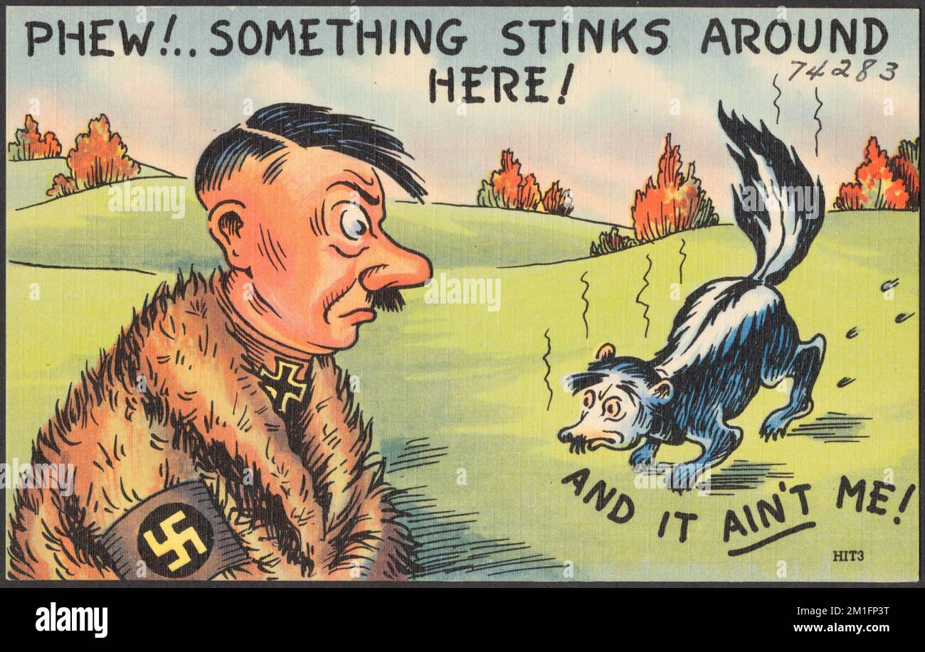 Puh! Irgendwas stinkt hier! Und ich bin es nicht! Stinktiere, Diktatoren, Hitler, Adolf, 1889-1945, Tichnor Brothers Collection, Postkarten der Vereinigten Staaten Stockfoto