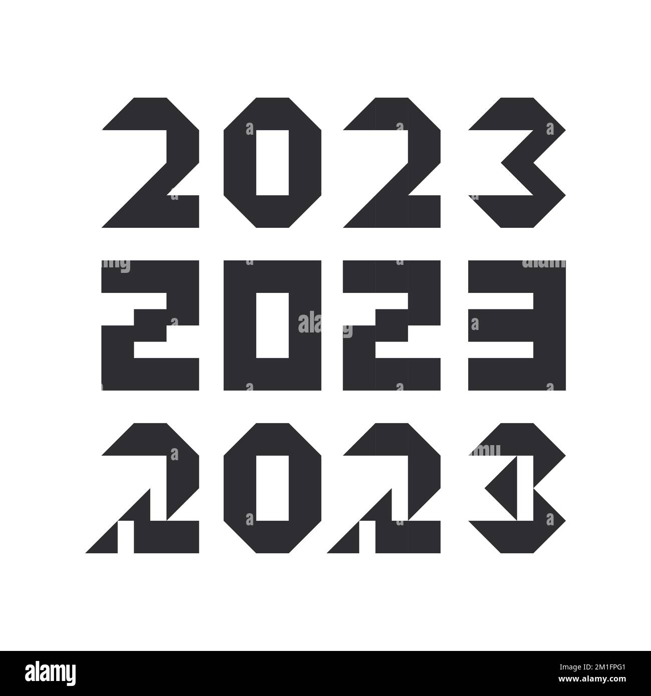 2023 Stilisierter Textsatz. Neue Jahreszahl minimalistischer Pixelbrutalismus Designvorlage. Einfache Einrichtung mit bauhaus-Weihnachtslogo für Banner, Karte, Broschüre, Cover und Kalender. Vektordarstellung. Stock Vektor