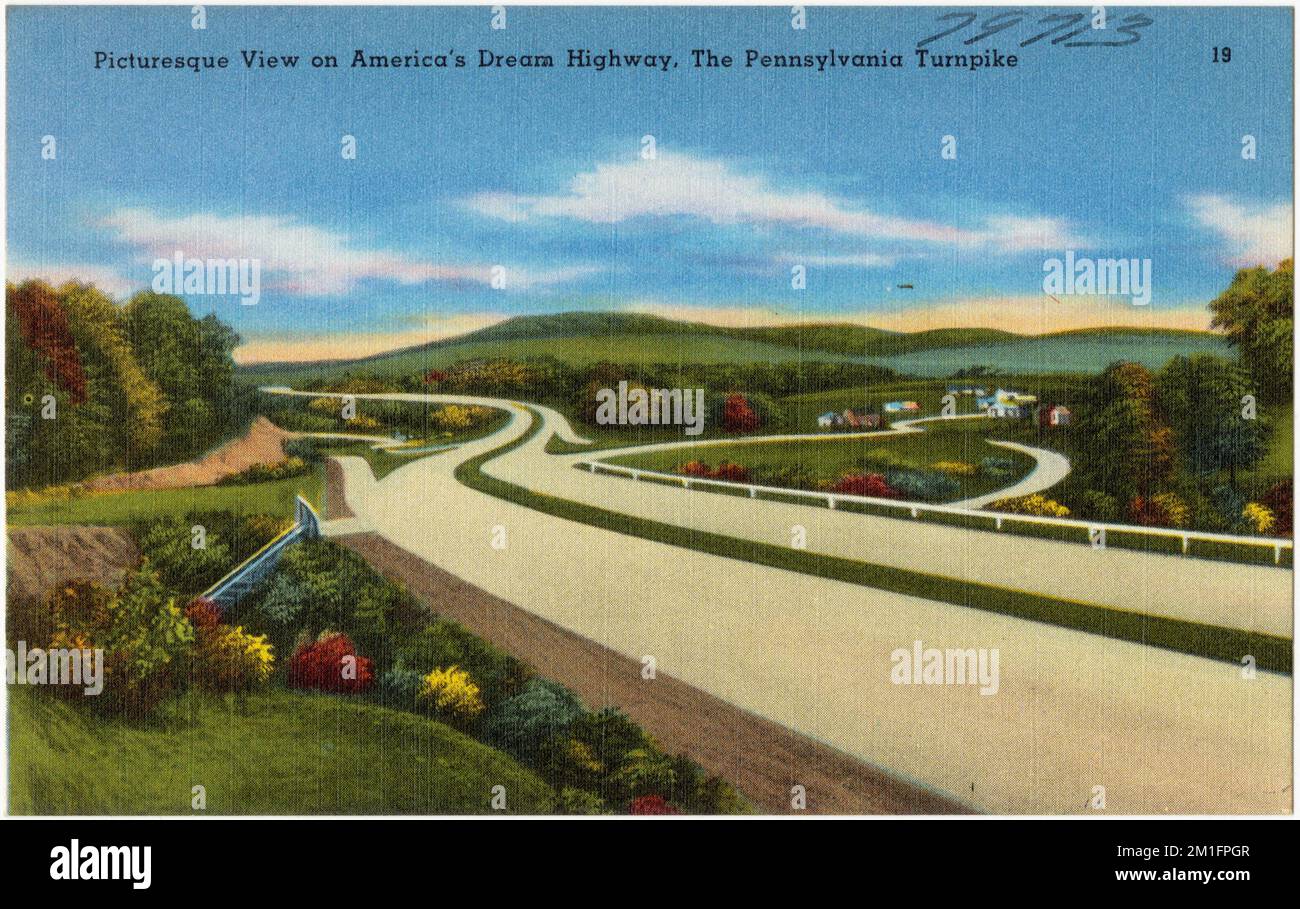 Malerischer Blick auf den America's Dream Highway, die Pennsylvania Turnpike, Straßen, Tichnor Brothers Collection, Postkarten der Vereinigten Staaten Stockfoto