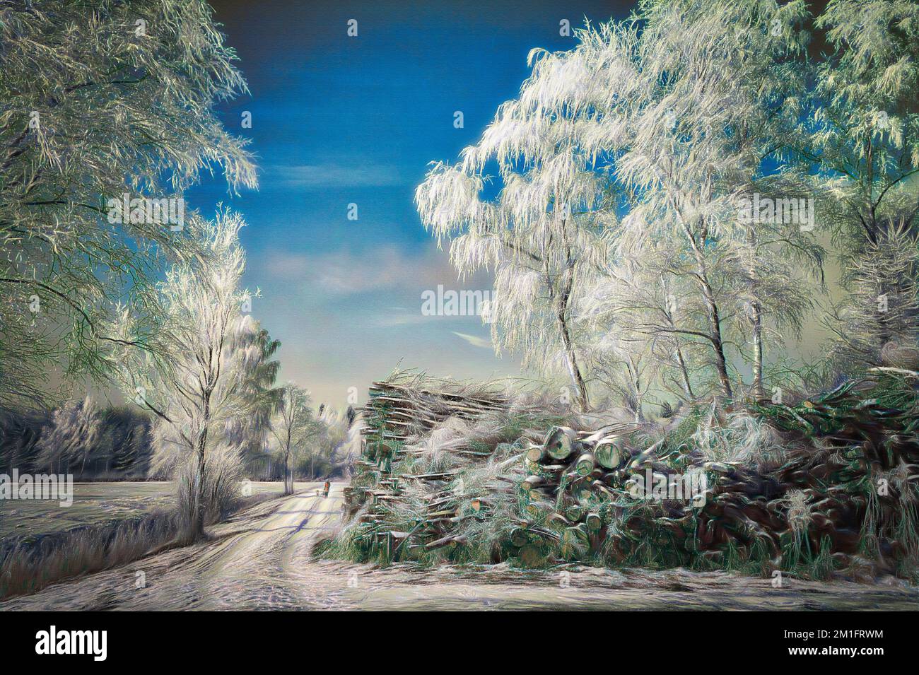 ZEITGENÖSSISCHE KUNST: Frühe Winterszene im Loisach Moor bei Bichl, Oberbayern Stockfoto