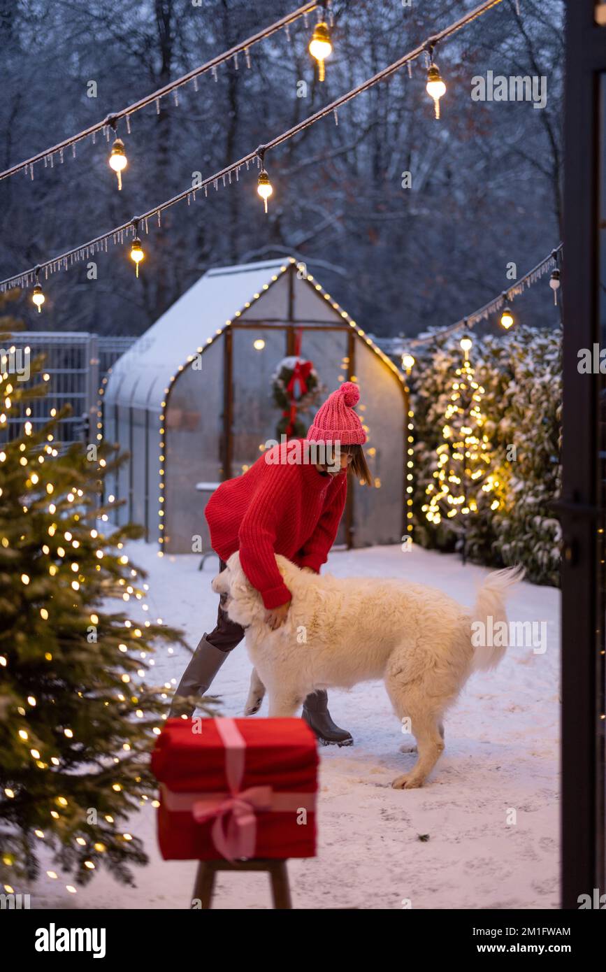 Die Frau hat Spaß mit einem Hund während der Winterferien im Garten Stockfoto