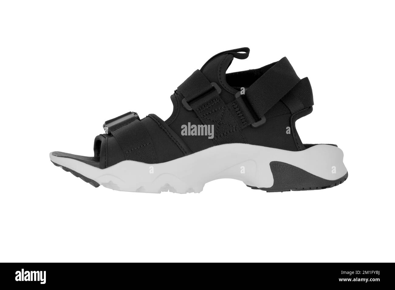 Schwarz-weiße, moderne Sandalenschuhe von Side Stockfoto